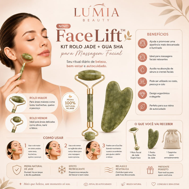 FaceLift™ | Kit Rolo Jade + Gua Sha para Massagem Facial